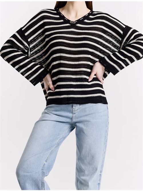 Maglia oversize a righe con scollo a V Met Met | M10 241MG-BLACK/BEIGE